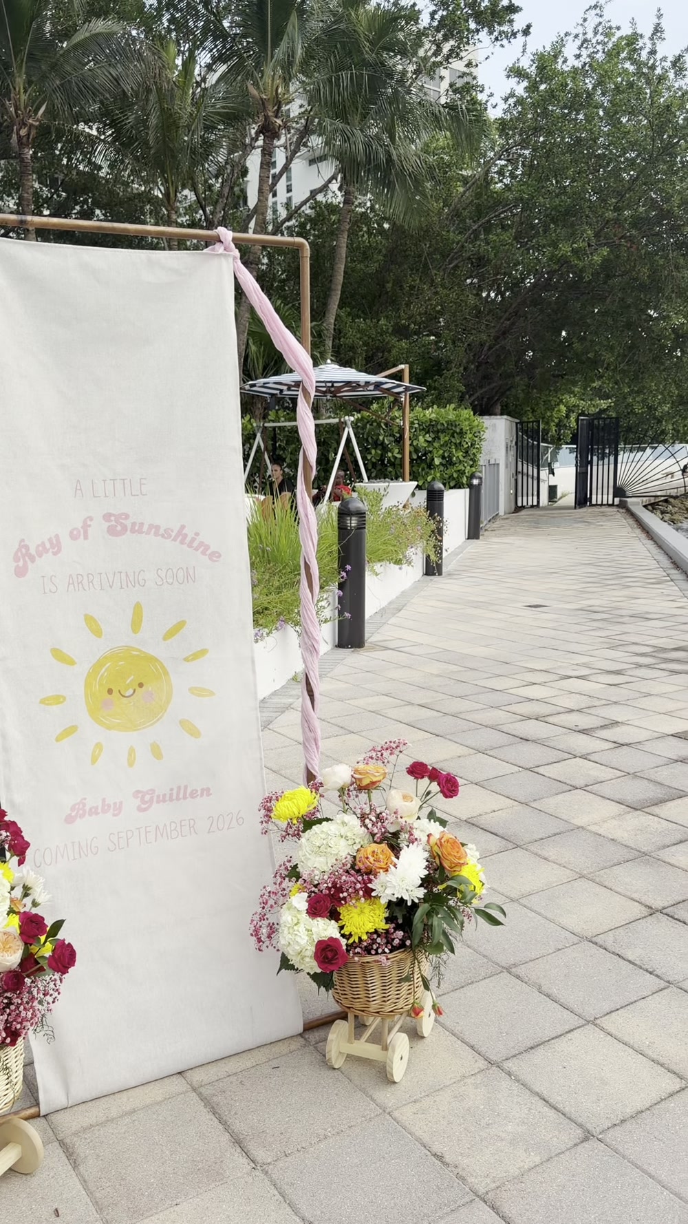 A sunshine-themed baby-shower welcome sign framed by colorful flowers