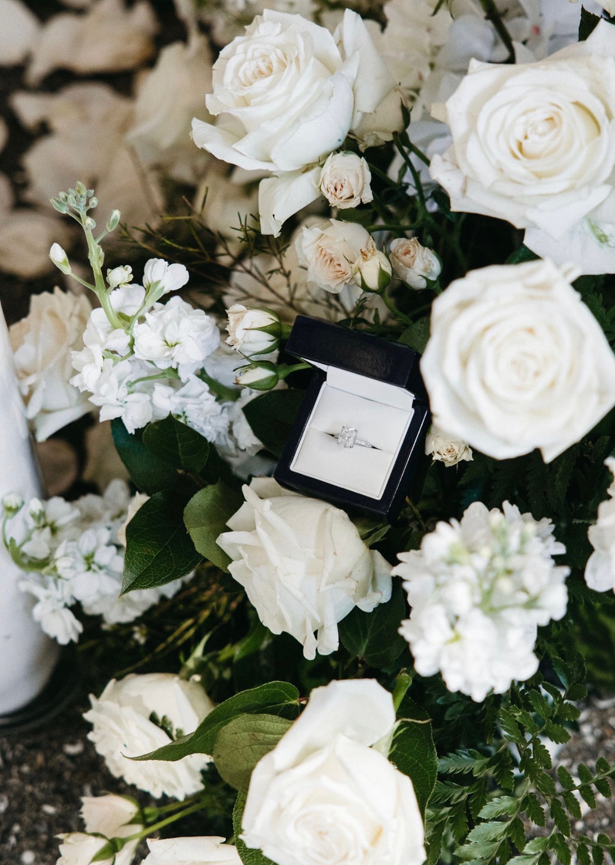 An engagement ring nestled among white roses